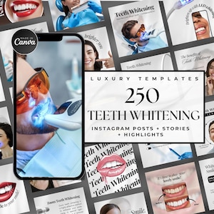 Puede incluir: Un collage de imágenes que promocionan servicios de blanqueamiento dental. Las imágenes muestran personas sonriendo con dientes blancos brillantes, primeros planos de procedimientos de blanqueamiento dental y texto que dice "Teeth Whitening", "Luxury Templates", "250", "Instagram Posts + Stories + Highlights" y "Made in Canva".
