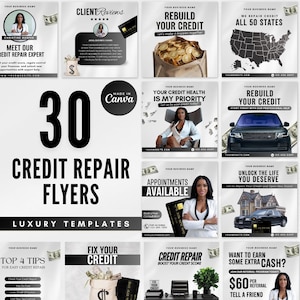 Pacote de 30 folhetos de reparação de crédito | Modelos de folhetos de reparação de crédito | Modelos de Instagram de reparação de crédito | Modelos de negócios de reparação de crédito | Canva
