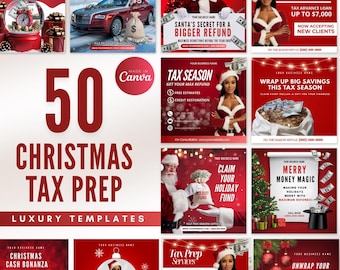 May include: A collection of 50 Christmas-themed social media templates for tax preparation businesses. The templates feature red and white color schemes with images of Santa Claus, gift bags, and money. The text on the templates includes phrases like "Countdown to Taxmas", "Santa's Secret for a Bigger Refund", "Festive Refunds", "Tax Season Get Your Max Refund", "Wrap Up Big Savings This Tax Season", "Claim Your Holiday Fund", "Merry Money Magic", "Christmas Cash Bonanza", "Get Your Max Refund", "Tax Prep Services", and "Unwrap Your Maximum Refund!"