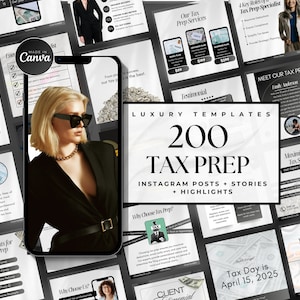 May include: A collage of images promoting tax preparation services. The images feature a woman in a black suit, a phone screen with a woman in a black suit, and text that says "Luxury Templates 200 Tax Prep Instagram Posts + Stories + Highlights".