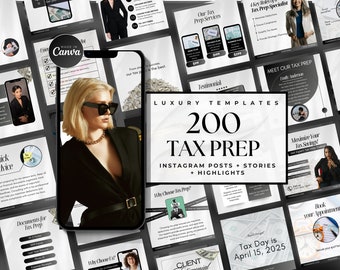 May include: A collage of images promoting tax preparation services. The images feature a woman in a black suit, a phone screen with a woman in a black suit, and text that says "Luxury Templates 200 Tax Prep Instagram Posts + Stories + Highlights".