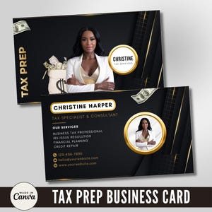 Könnte beinhalten: Eine schwarze und goldene Visitenkarte mit einem Foto einer Frau und dem Text "TAX PREP" in großen weißen Buchstaben. Die Karte enthält auch den Text "CHRISTINE HARPER, TAX SPECIALIST & CONSULTANT" und eine Liste der angebotenen Dienstleistungen, darunter Business Tax Professional, IRS Issue Resolution, Finanzplanung und Kreditreparatur. Die Karte enthält auch eine Telefonnummer, eine E-Mail-Adresse und eine Website-Adresse.