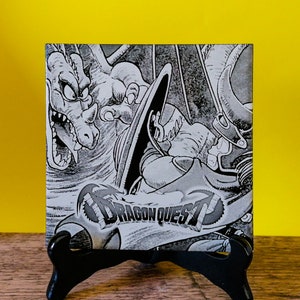 Dragon Quest 1 Hero Fighting the Dragon laser engraved tile - video game artwork - Akira Toriyama artwork