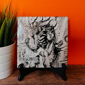 Final Fantasy 1 laser engraved tile - Battling the Djinn - Yoshitaka Amano artwork
