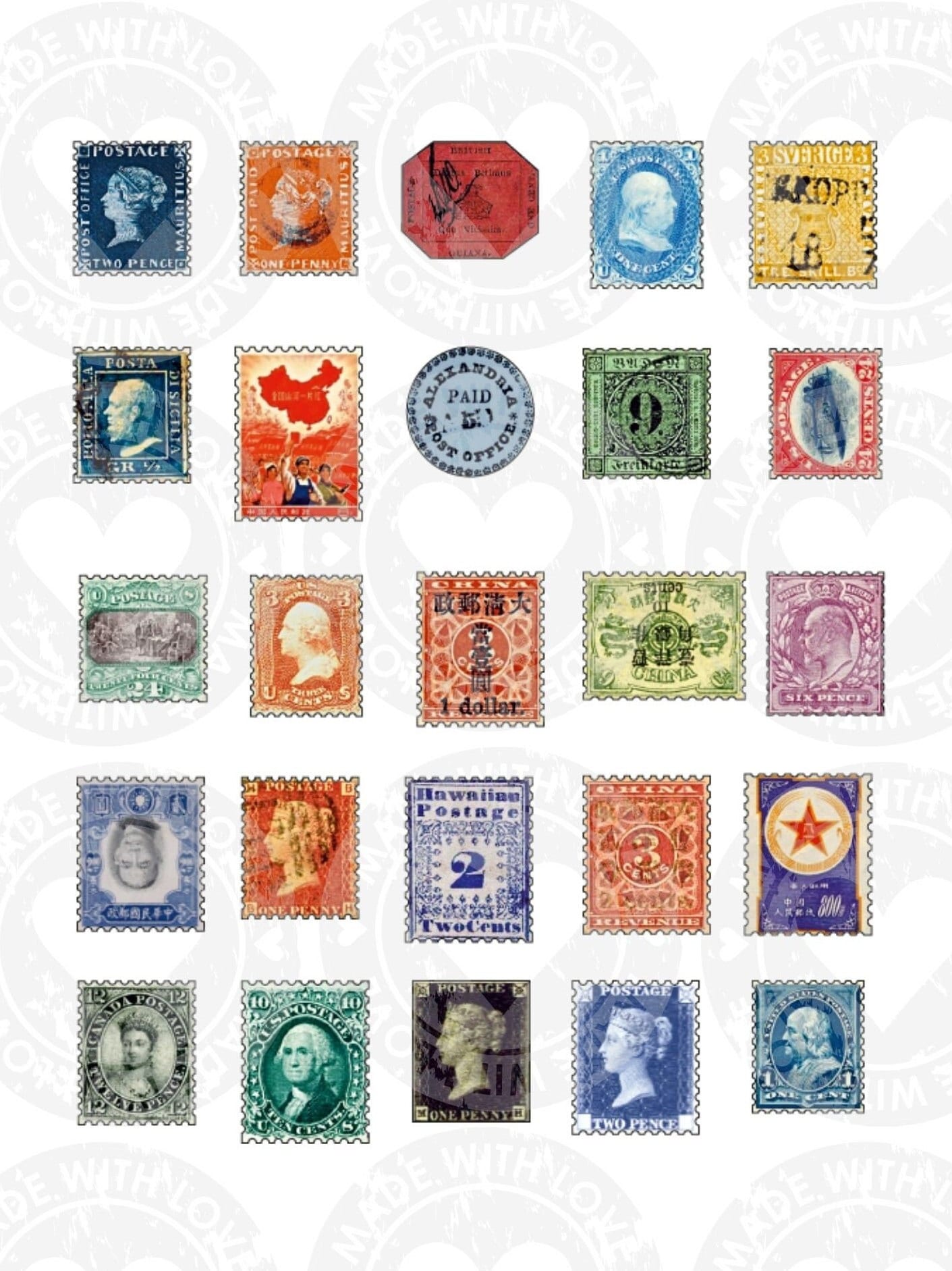 Printable Rare Postage Stamps Sticker Pack, Cricut Postal Stickers