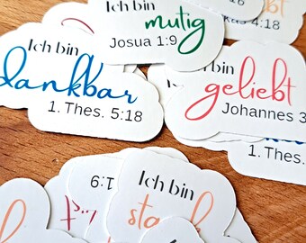 Christliche Sticker 16 Stk. à ca. 5cm Affirmation Ermutigung Aufkleber Geschenkartikel Deko Bibelverse WertVoll gesegnet gesehen stark mutig