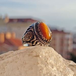 Tiger's Eye Gemstone Men's Ring, 925 Sterling Silver, Unique Stone