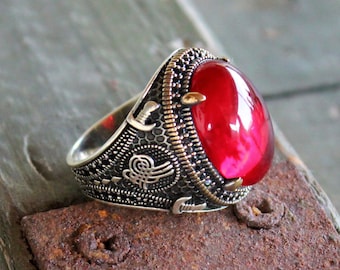Islamic Style Men's Ring, Red Aqeeq Stone Silver Ring for Men, Fine Jewelry for Men, Engagement Ring for Muslim Men, Stackable Silver Ring