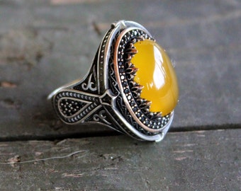 Yellow Aqeeq Ring for Men, Authentic Men's Handmade Ring, Ottoman Ring Style for Men, Yellow Gem Silver Ring, Stone Bands for Men