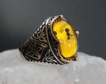 May include: A silver ring with an amber stone featuring an ant encased inside. The ring has an ornate design with black and gold accents.