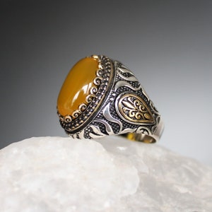 Anel masculino de pedra de ágata amarela, anel de prata feito à mão para homens, anel oval de pedra preciosa de ágata