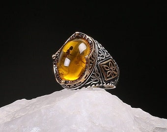 Ant Fossil Amber Stone, Silver Ring,  Fossil Insect Ring,  Unique Gift for Men, Handmade ring