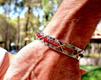 Handmade Ruby Stone Silver Bracelet for Men: Beaten Silver Jewelry