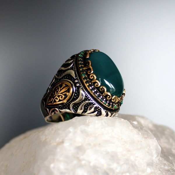 Green Agate Stone Men's Ring,  Handmade Silver Ring, 925 Silver, Rings for Men, Bague Pour Homme