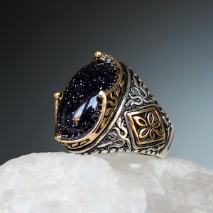 Dark Blue AventurineGemstone Men's Ring,Goldstone Ring, Sunstone Valentine's Gift for Men, Crown Style Rings for Men image 1