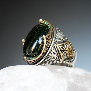 Green Aventurine Gemstone Men's Ring: Crown Style