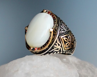 White Mother of Pearl Gemstone Men's Ring, Valentine's Gift for Men, Crown Style Rings for Men