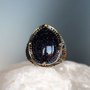 Dark Blue AventurineGemstone Men's Ring,Goldstone Ring, Sunstone Valentine's Gift for Men, Crown Style Rings for Men image 3
