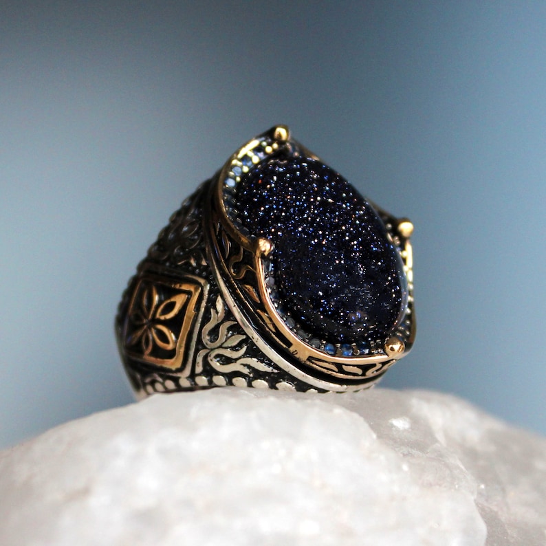 Dark Blue AventurineGemstone Men's Ring,Goldstone Ring, Sunstone Valentine's Gift for Men, Crown Style Rings for Men image 2