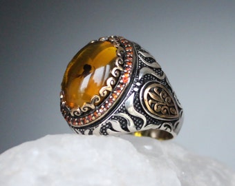 Ant Amber Men Ring, Ant Fossil Amber Stone, Zilveren Ring