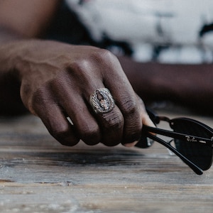 Flying Skull Sterling Silver Biker Ring, Vintage Skull Ring, Halloween Gift Ring for Men