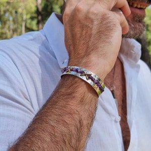 Amethyst Natural Stone Adjustable Bracelet, Stunning Silver Bracelet for Men, Handcrafted Charm Bracelet
