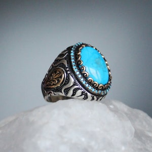 Anillo de plata hecho a mano de piedra preciosa turquesa, plata 925, anillo de calculita para hombres, anillo feroza para hombres