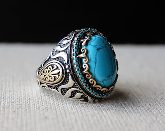 Blue Turquoise Stone Ring, Chalchuite Gemstone Handmade Silver Ring, Unique, Gift for Men, 925 Silver