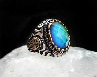 Mood Stone Silver Ring,  Good Mood Ring, Colour-changing Gemstone Jewelry, Christmast Gift for Men