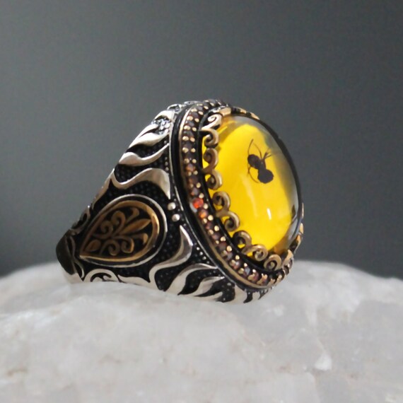 Mens amber ring with best sale insect