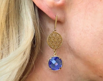 Sacred Geometry Gold and Sapphire Dangle Earrings - Wedding Earrings, Flower of Life Earrings, Seed of Life Earrings, Gifts for Her