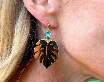 Boucles d'oreilles feuille de Monstera en or, boucles d'oreilles feuille, Monstera, grandes boucles d'oreilles, boucles d'oreilles en or, bijoux végétaux, boucles d'oreilles bohèmes, boucles d'oreilles tendance