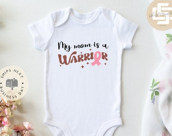 My mom is a warrior Onesie® breast cancer awareness baby Onesie®, hero baby body suit. cute baby gift.