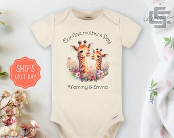 Our first mother's day baby Onesie® Mother's day baby Onesie®, cute personalized name newborn body suit. cute giraffe newborn baby gift.