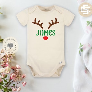 Christmas reindeer personalized name Baby Onesie®, Christmas baby Onesie®,  baby announcement body suit. Christmas baby gift.