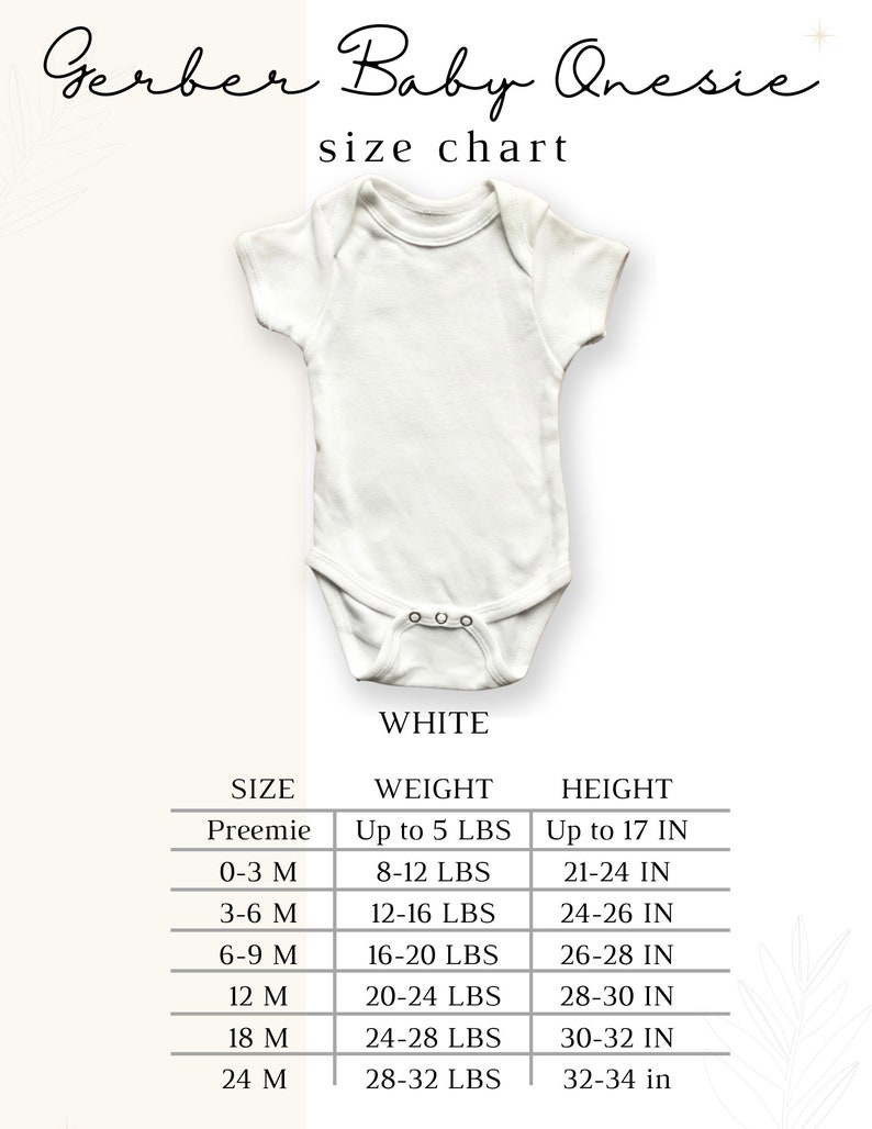 May include: A white Gerber baby onesie with a size chart. The chart lists sizes from preemie to 24 months, with corresponding weight and height measurements in pounds and inches. The onesie has short sleeves and snaps.