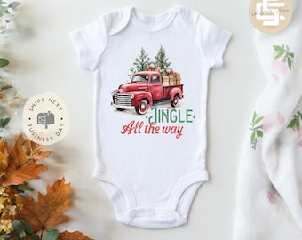 Jingle all the way Baby Onesie®, Christmas truck baby Onesie®,  baby announcement body suit. Christmas baby gift.