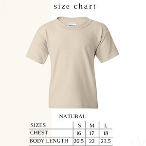 May include: Natural colored youth t-shirt size chart with measurements in inches for chest and body length. Sizes are S, M, and L, corresponding to US sizes 6-8, 10-12, and 14-16.