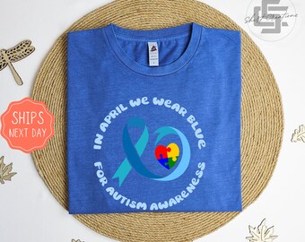 In April we wear blue Vintage T-Shirt, Autism awareness tee shirt, Blue autism T-shirt, Blue ribbon tee shirt.