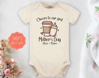 Our first mothers day baby Onesie® Cheers to our first Mother's day baby Onesie®, cute personalized name newborn bodysuit baby gift.