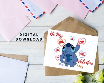 Lilo & Stitch Inspired Conversation Hearts Be My Valentine XOXO Digital Download Printable Greeting Card