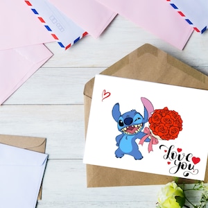Bouquet de roses inspiré de Lilo & Stitch, je t'aime Carte de voeux imprimable en téléchargement numérique XOXO