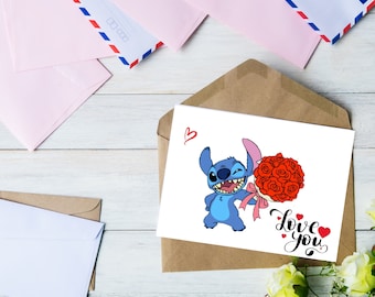Lilo & Stitch Inspired Bouquet Of Roses I Love You XOXO Digital Download Printable Greeting Card