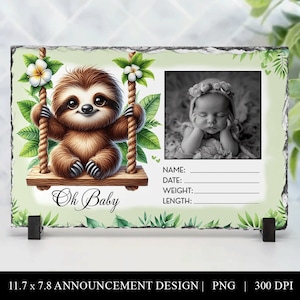 Estadísticas personalizadas de nacimiento de bebés Diseño de pizarra PNG, Lindo perezoso en columpio, Recuerdo de anuncio de recién nacido, Descarga digital, Decoración de guardería