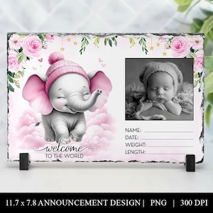 Welkom bij de wereld Baby Girl geboorteaankondiging sjabloon, roze bloemen olifant leisteen sublimatie ontwerp, PNG digitale download