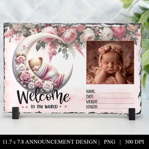 Welcome to the World Baby Birth Announcement Slate Design, Pink Floral and Moon Theme, Newborn Photo Prop, Digital PNG