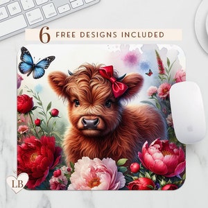 Floral Highland Cow Mouse Pad Sublimation Design (Digital Download)