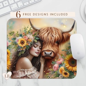 Highland Cow Mouse Pad Sublimation Design, Sunflower Printable Mousepad PNG, Watercolor Computer Mat Sublimation File Digital Download