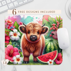 Cute Highland Cow Mouse Pad Sublimation Design, Printable Summer Mousepad PNG, Watermelon Cow Computer Mat Sublimation File Digital Download