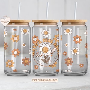 Have A Nice Daisy 16oz Glass Can Tumbler Sublimation PNG, Retro Daisy Can Sublimate Design, Daisy Iced Coffee Glass Can Tumbler Design